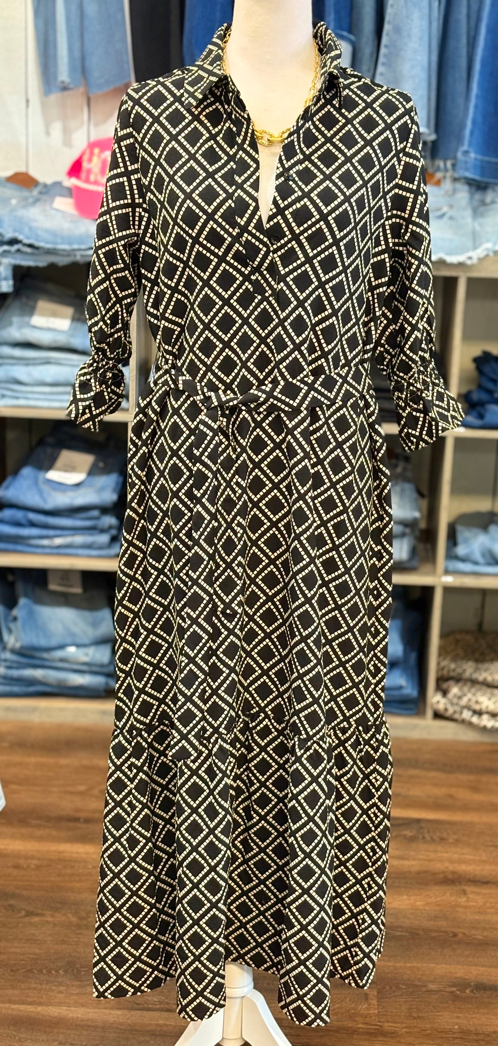Boho Chic Black & Beige Dotted Square Belted Dress