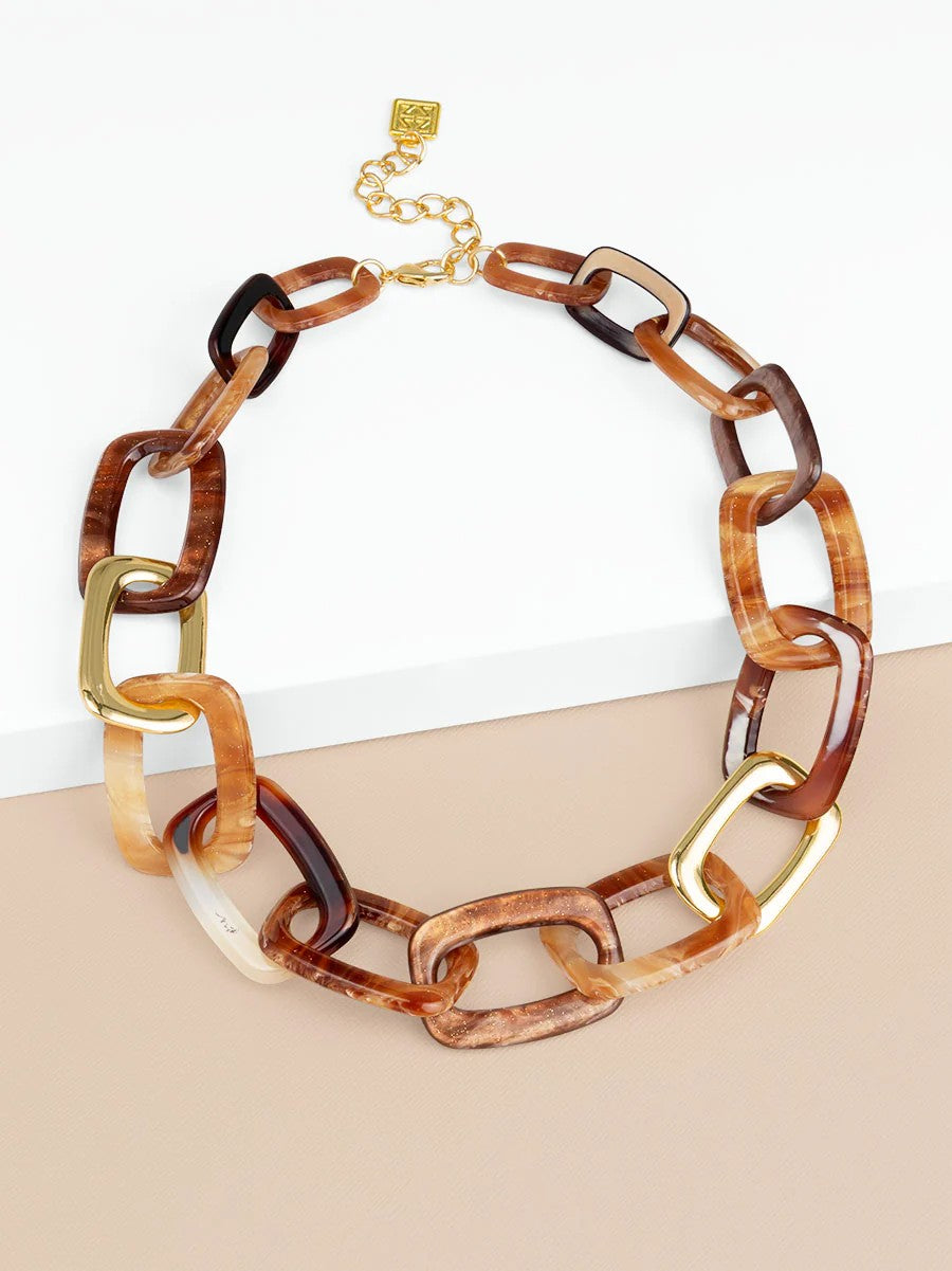 Glittering Resin Disc & Link Collar Necklace-Brwn