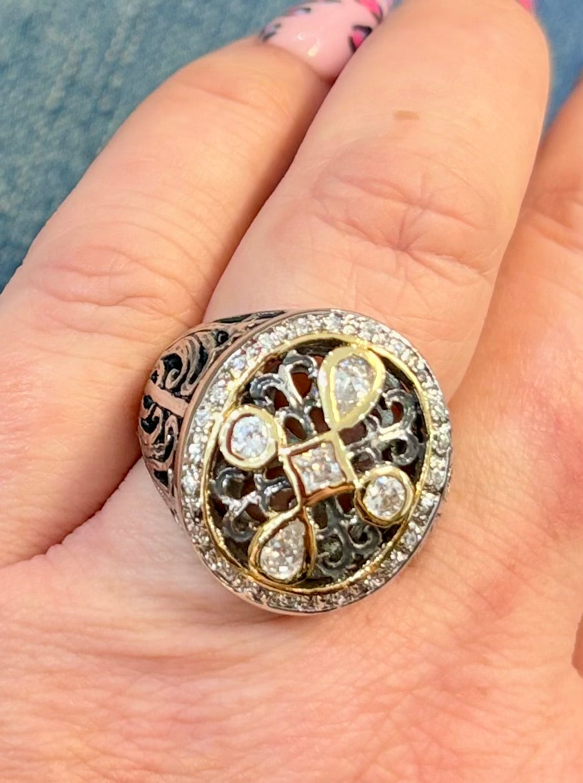 Dual Tone Crystal Cross Filigree Ring