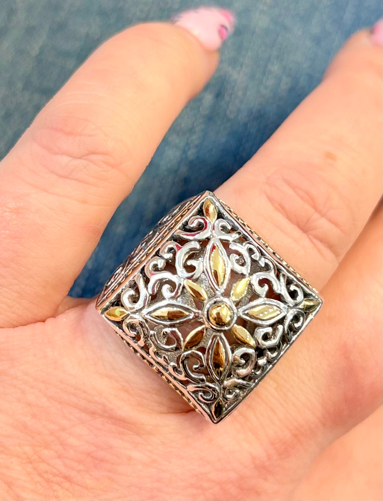 Dual Tone Square Filigree Ring