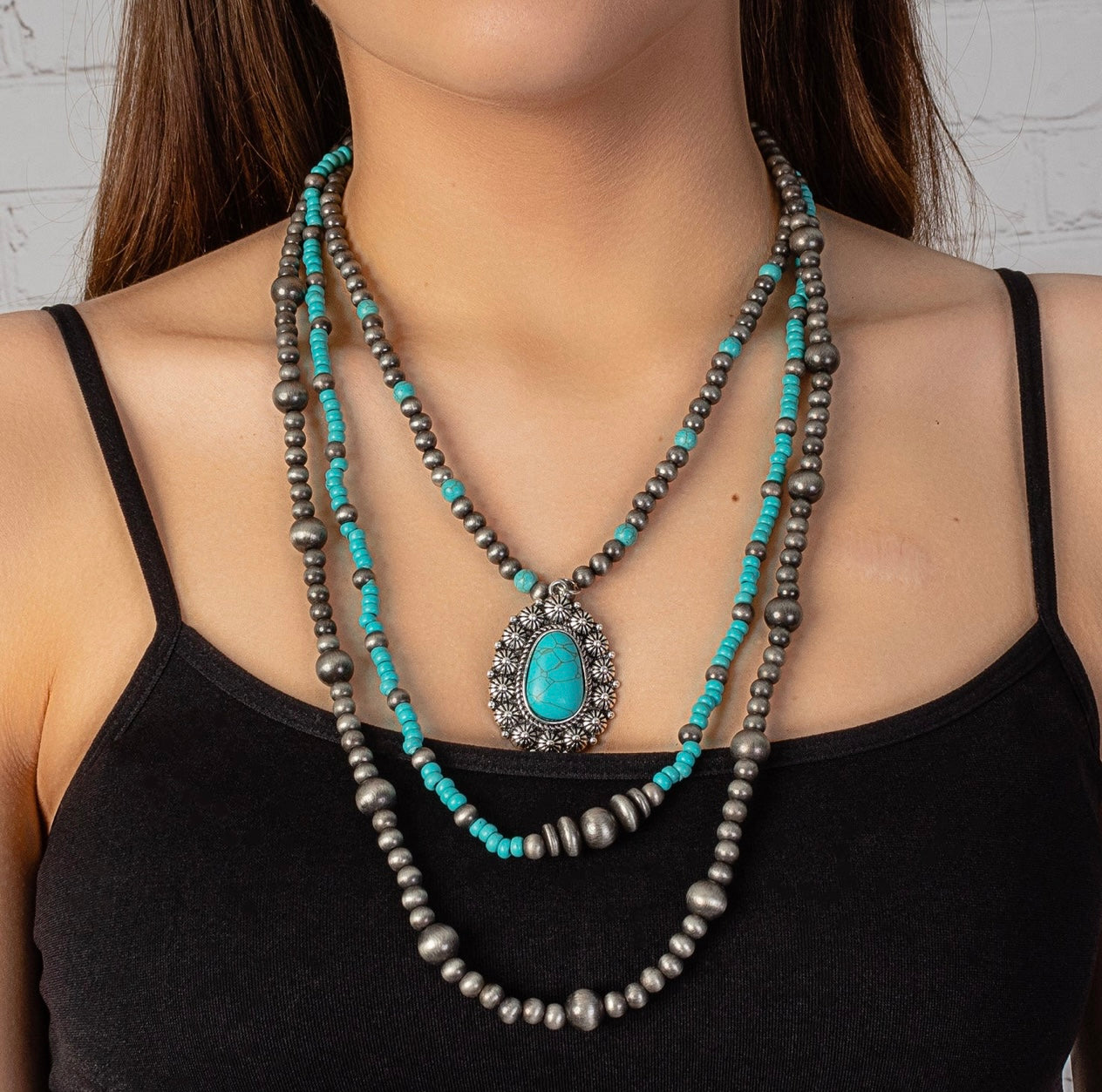 Turquoise Pendant Multi Strand Necklace
