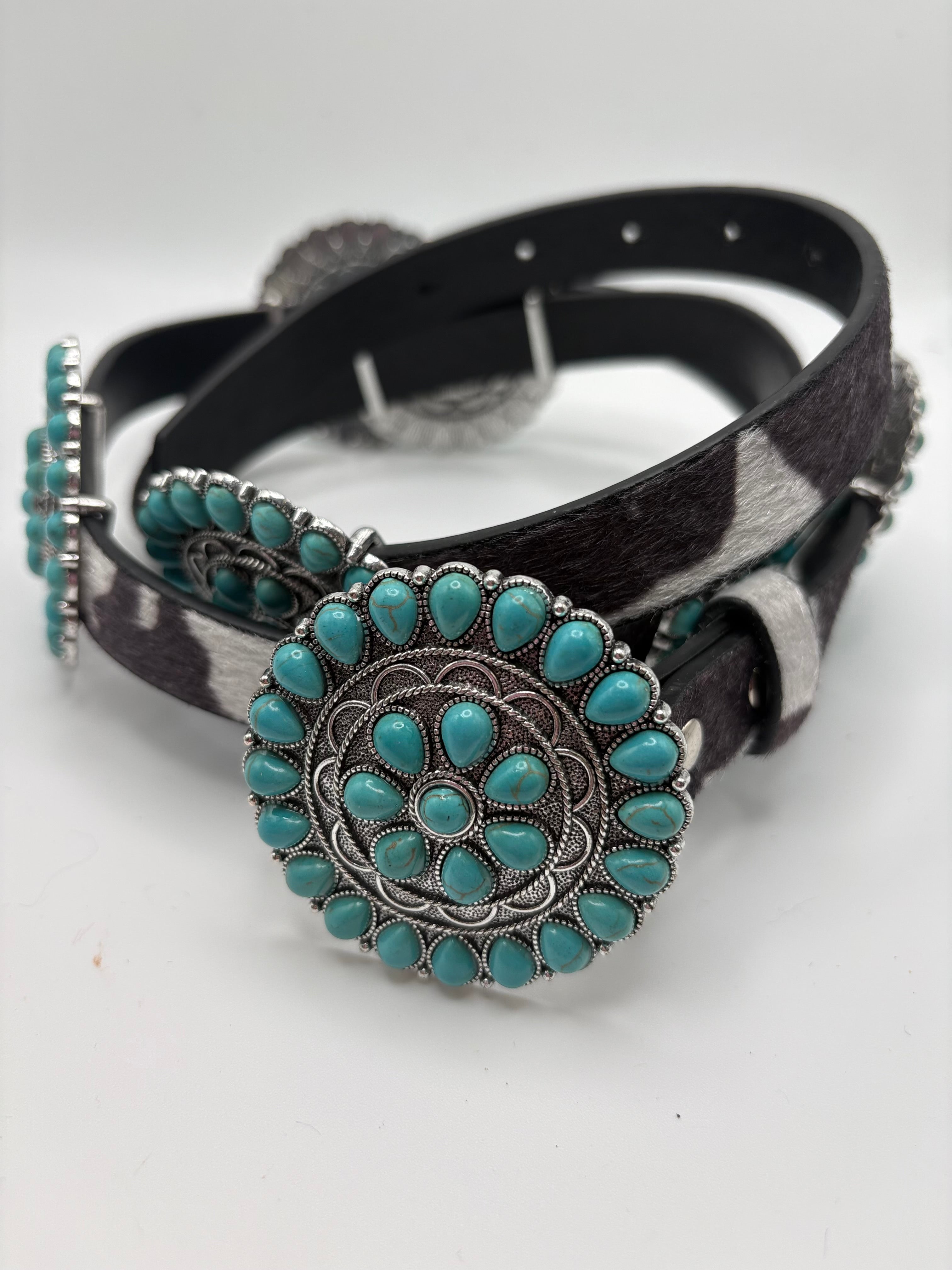 Cow Print Turquoise Concho Belt