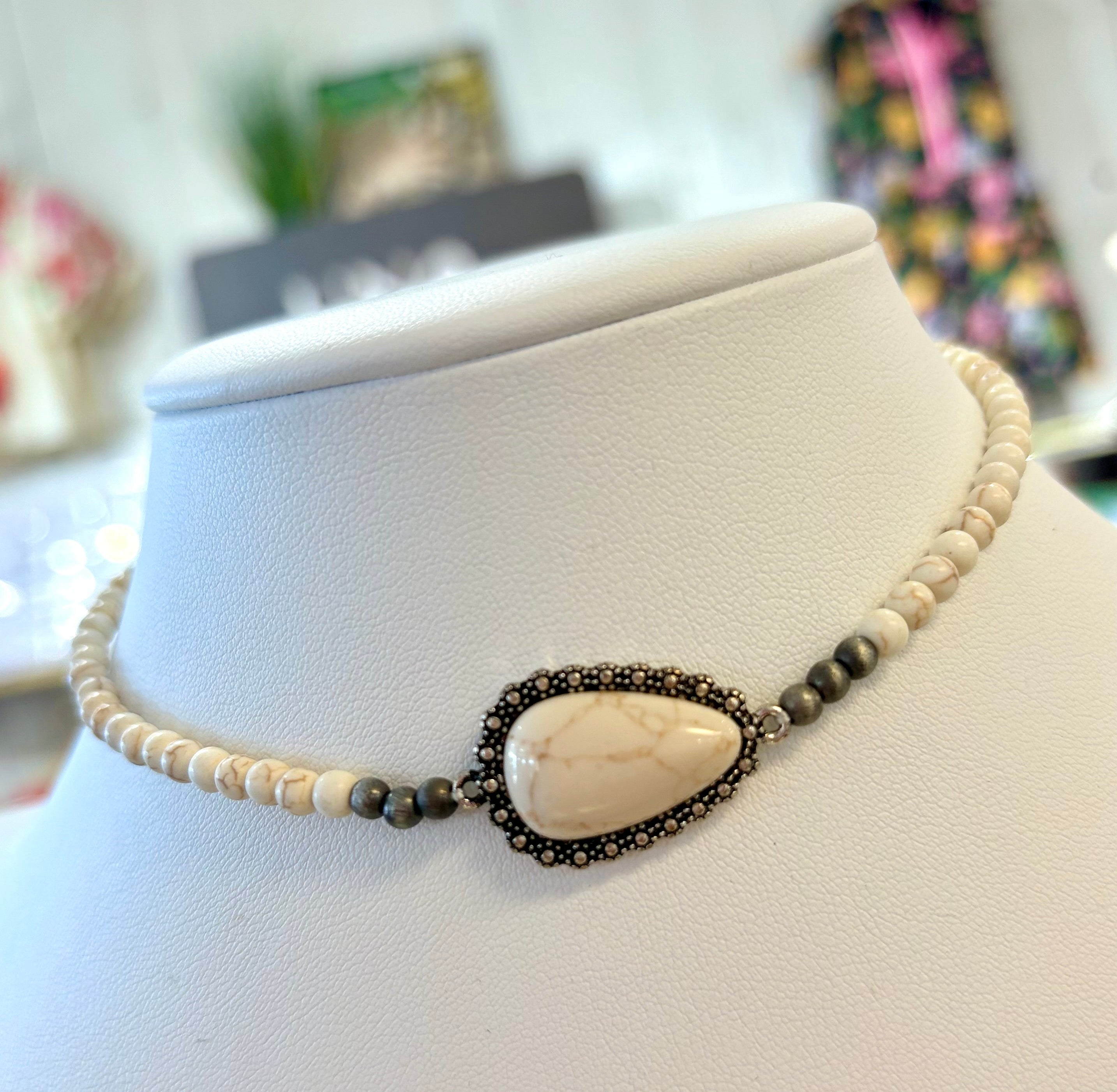 White Stone Beaded Choker Necklace