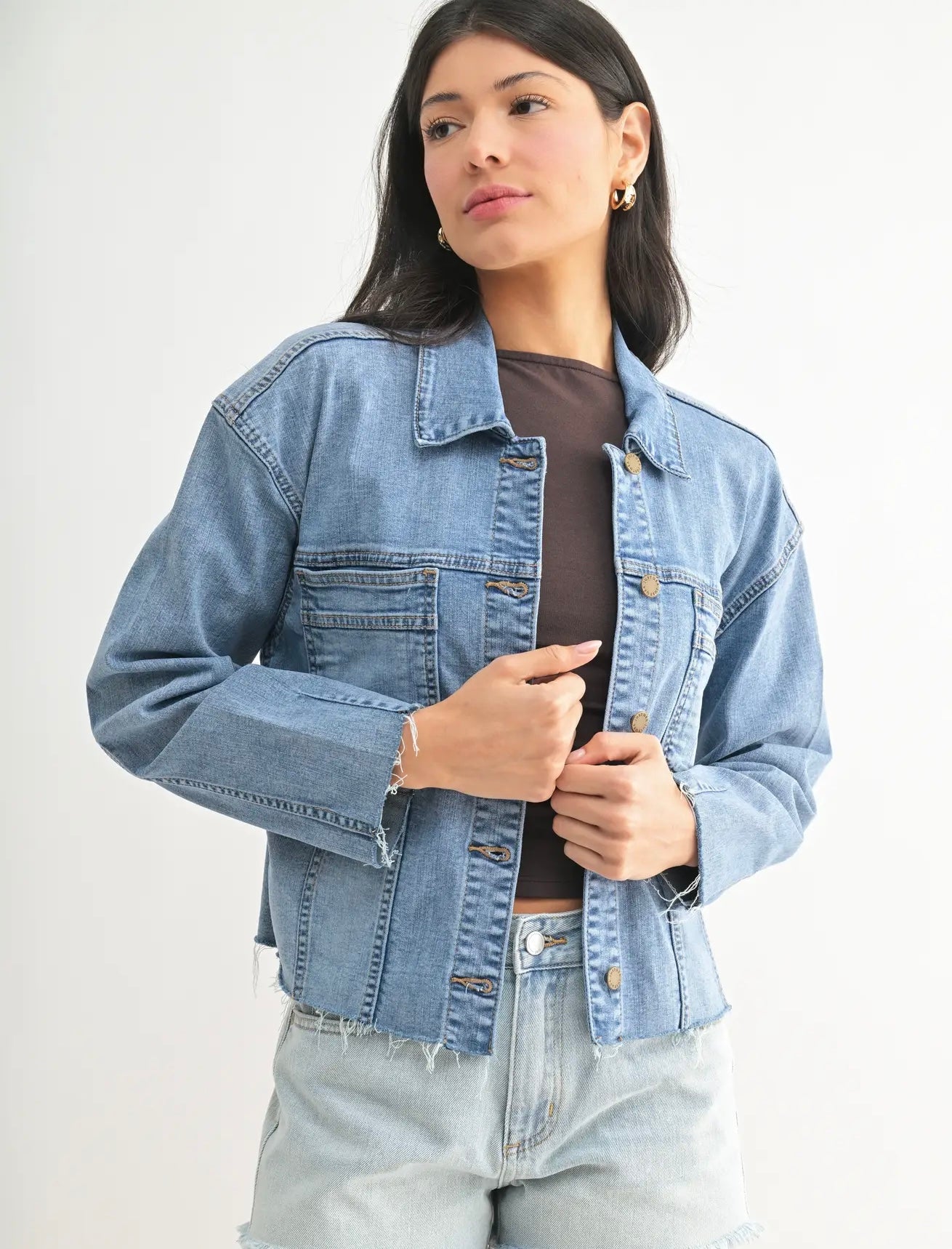 Frayed Hem Utility Denim Jacket