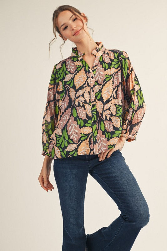 Black Floral Button Front Top