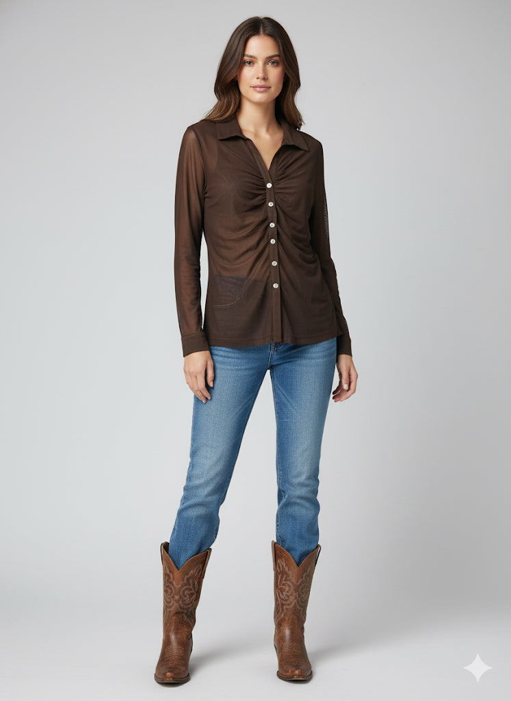 Chocolate Mesh Button Front Top