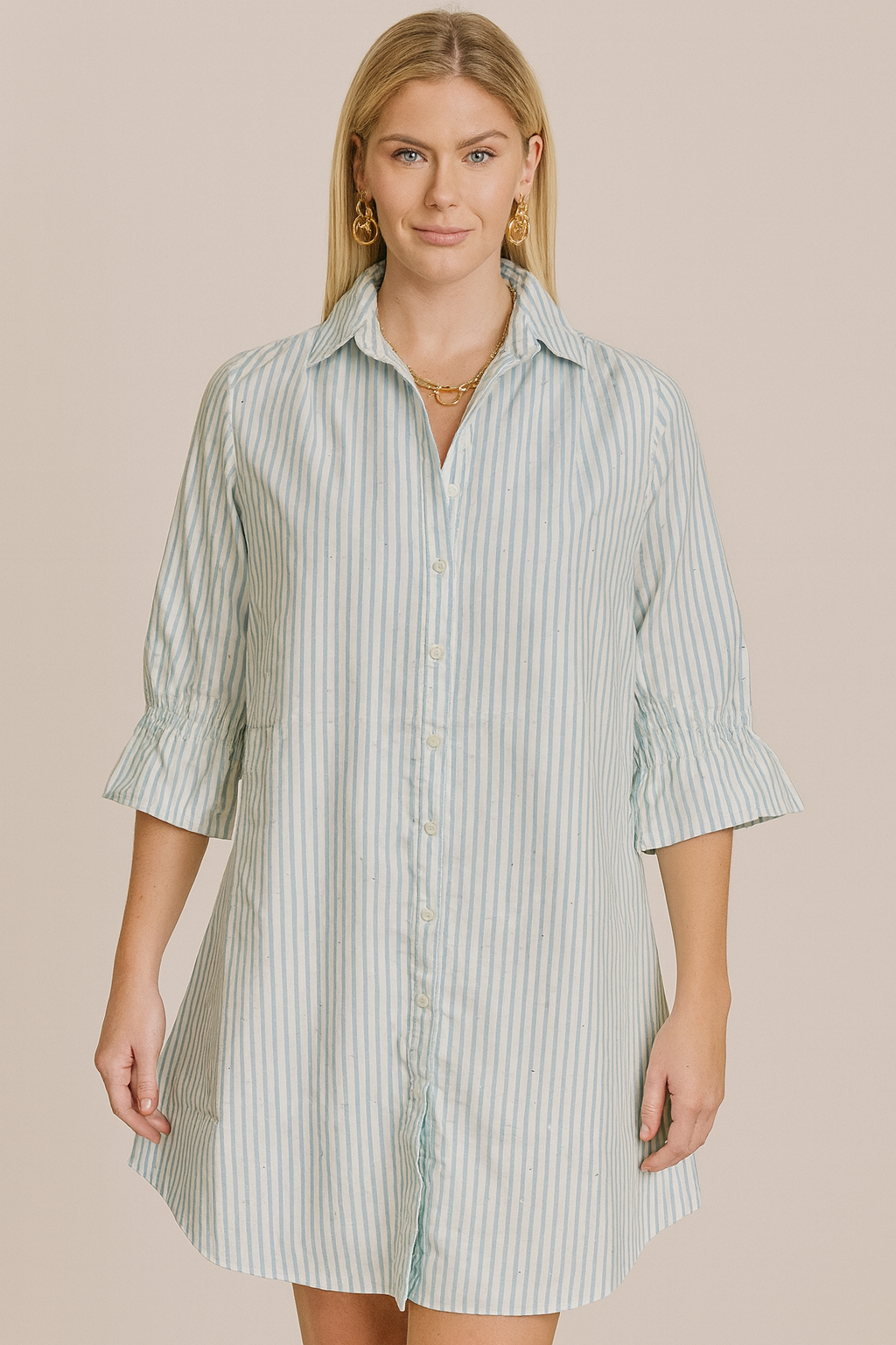 Boho Chic Blue Pinstripe Bling Button Front Dress