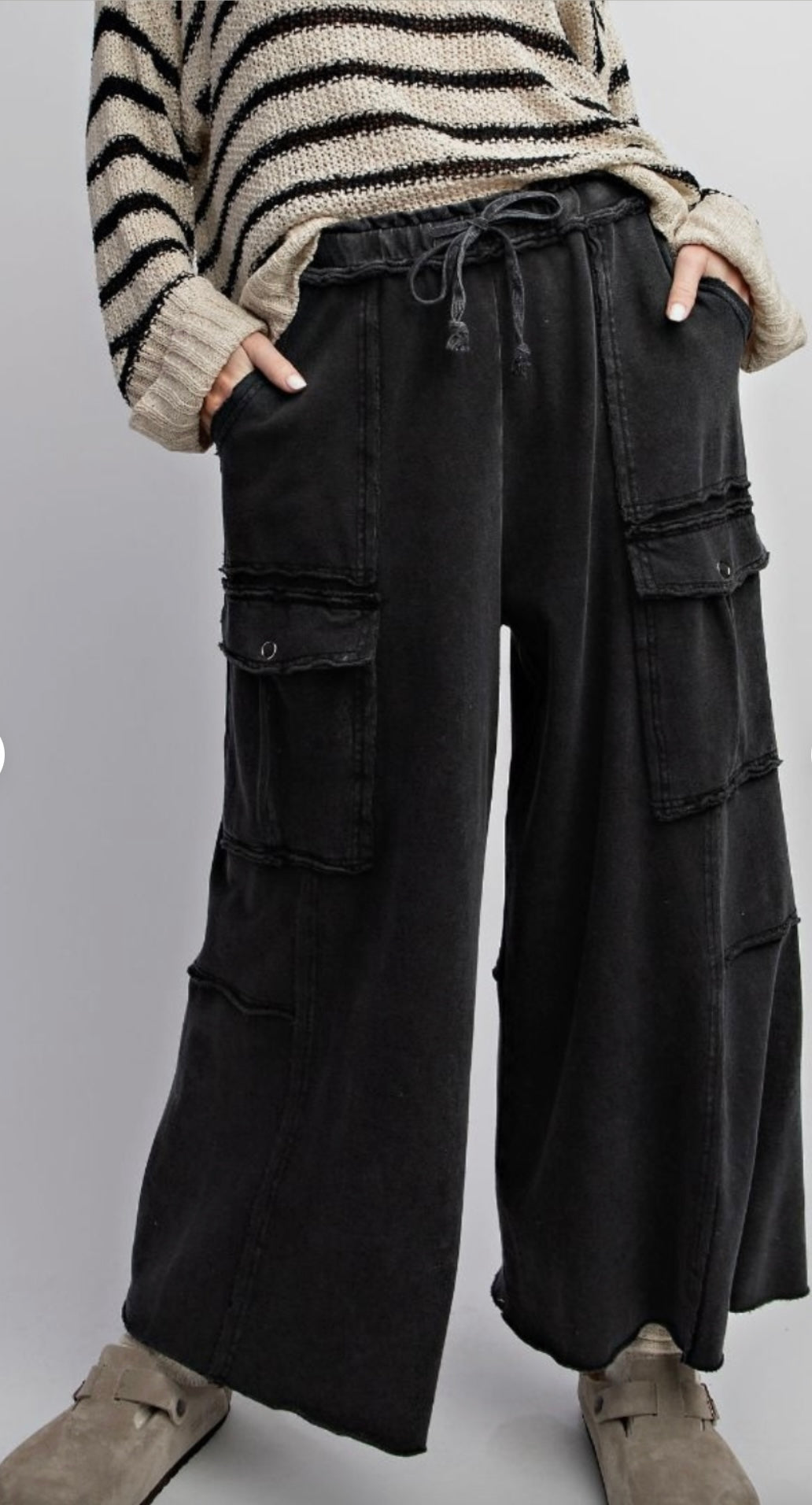Mineral Washed French Terry Wide Leg Pants - Black
