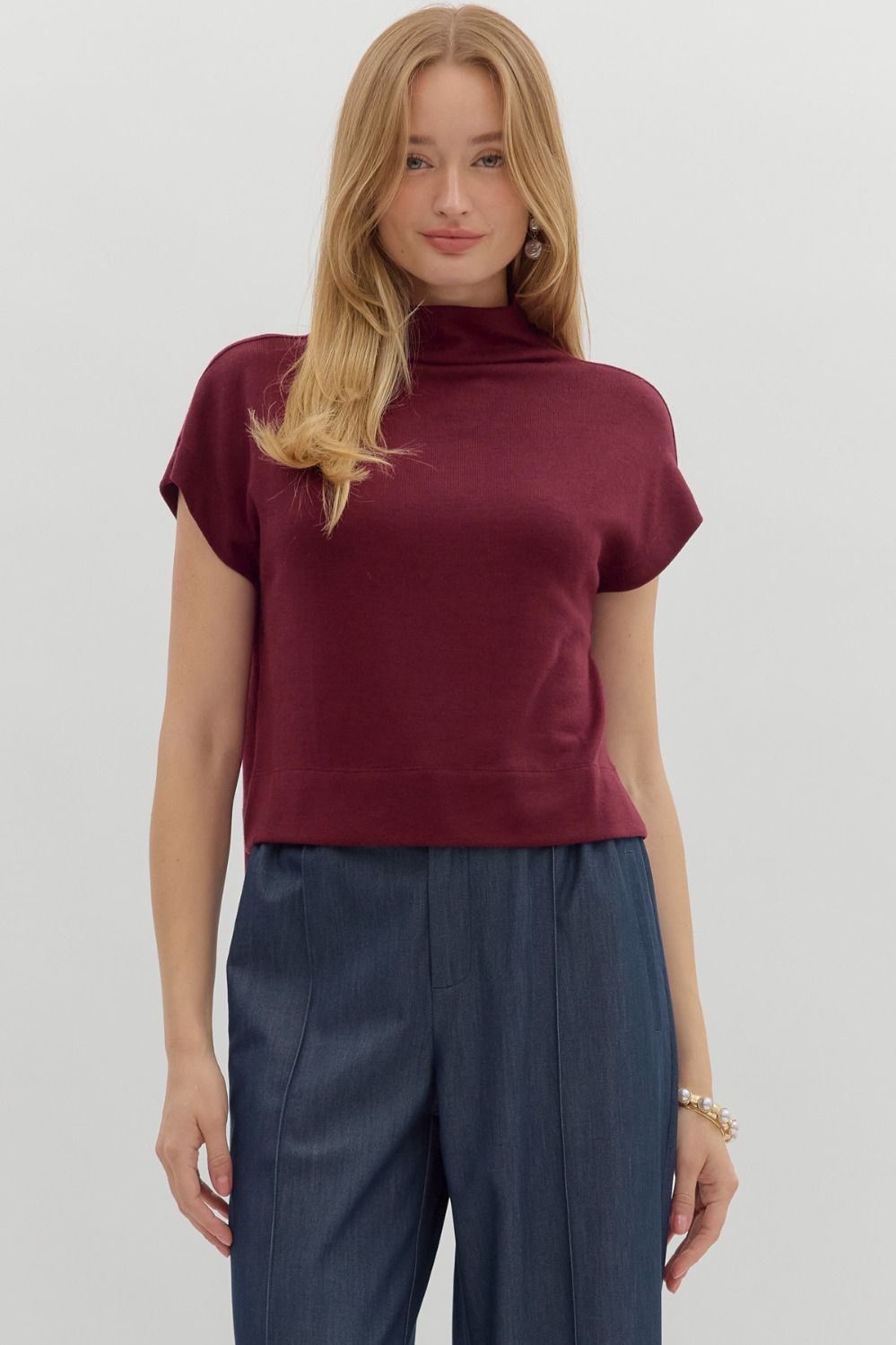 Solid Knit Mock Neck Pullover Top - Ruby