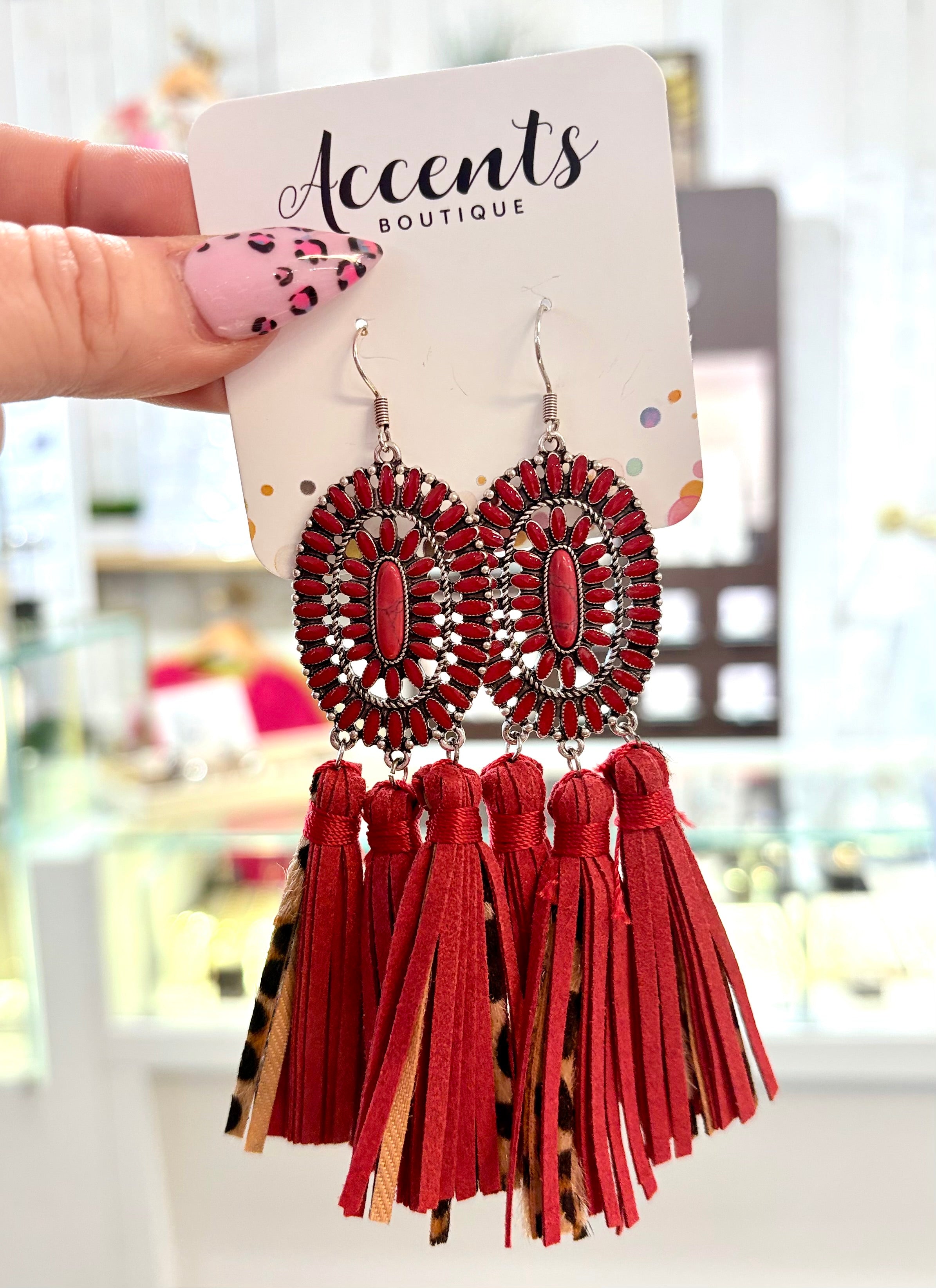 Red Concho Leopard Tassel Earrings