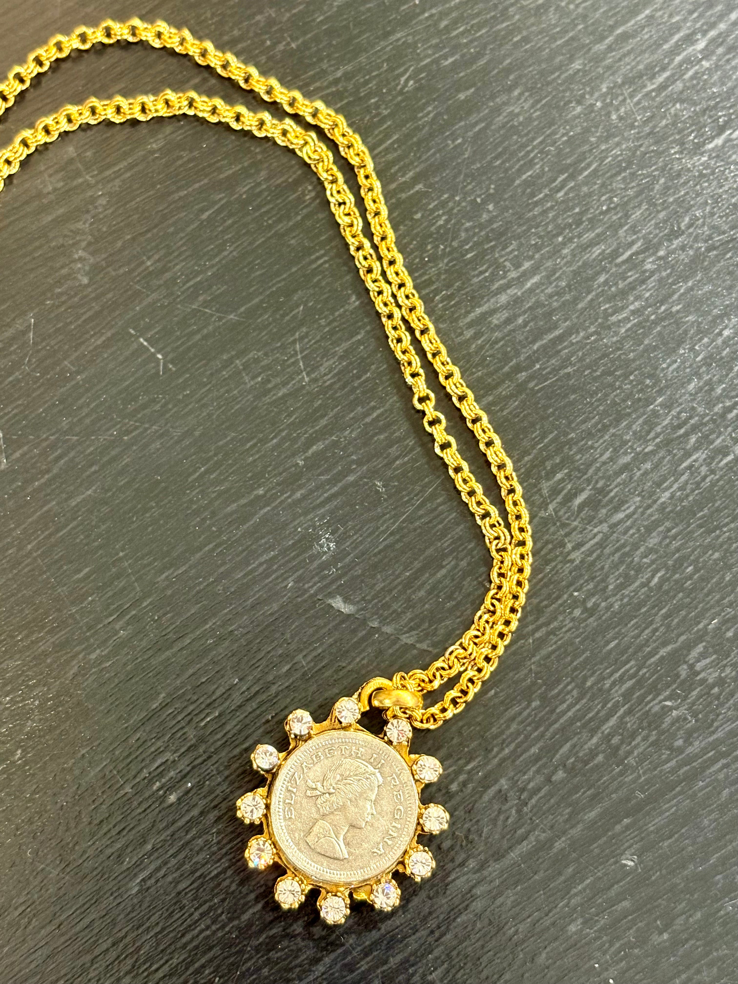 Two Tone Crystal Elizabeth Regina Coin Necklace - Silver