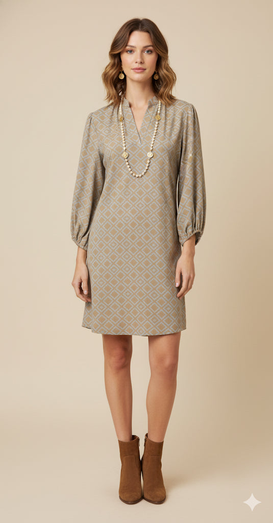 Boho Chic Taupe Suede Dotted Squared Vneck Dress