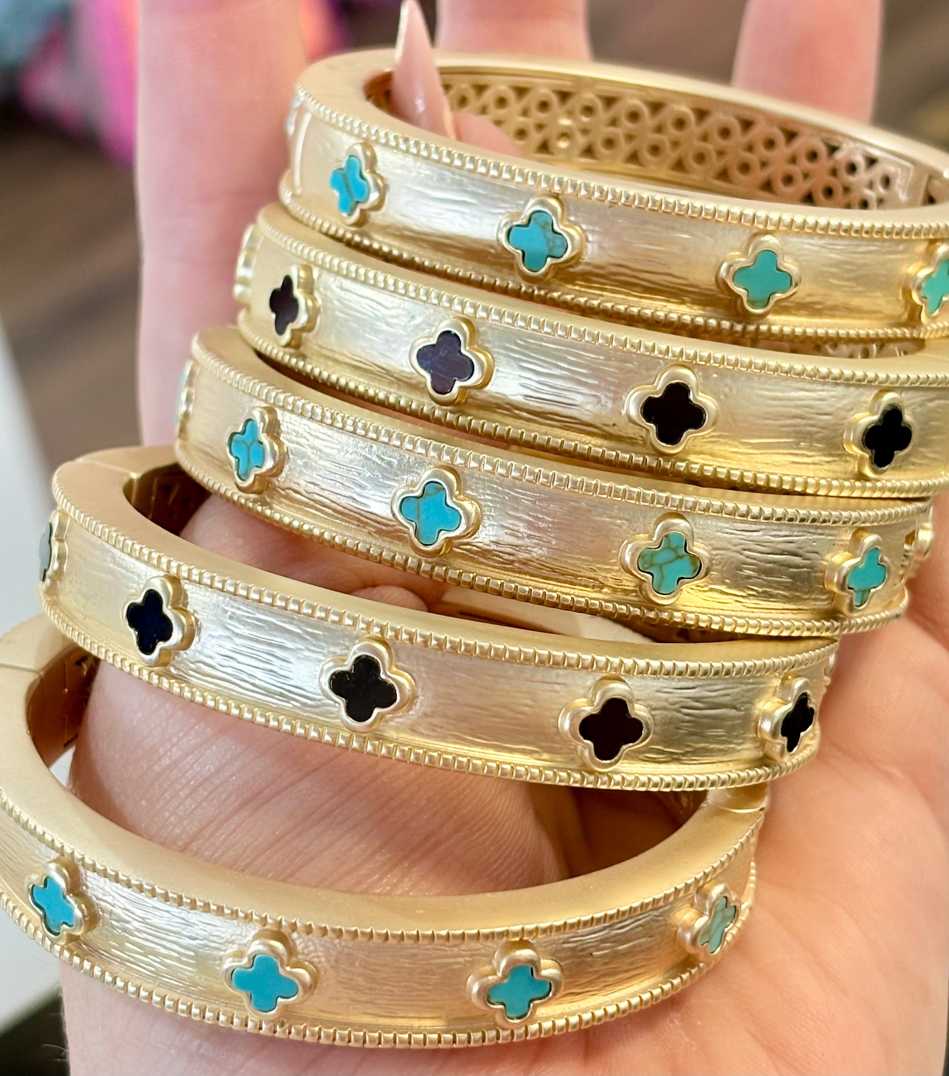 Matte Gold Hinged Clover Bangle