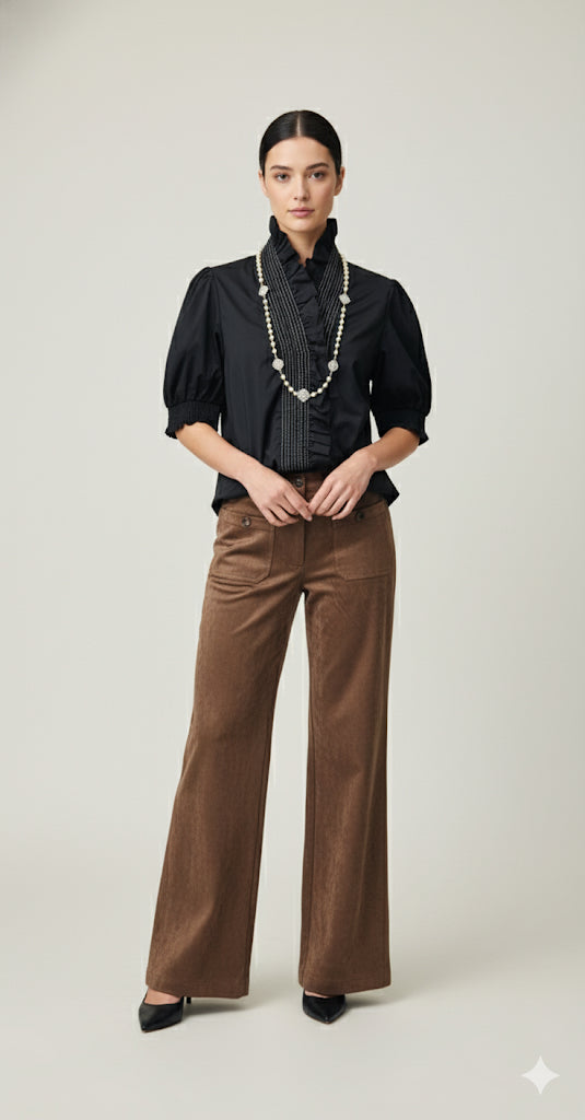 Boho Chic Black Ruffle Collar Puff Sleeve Top