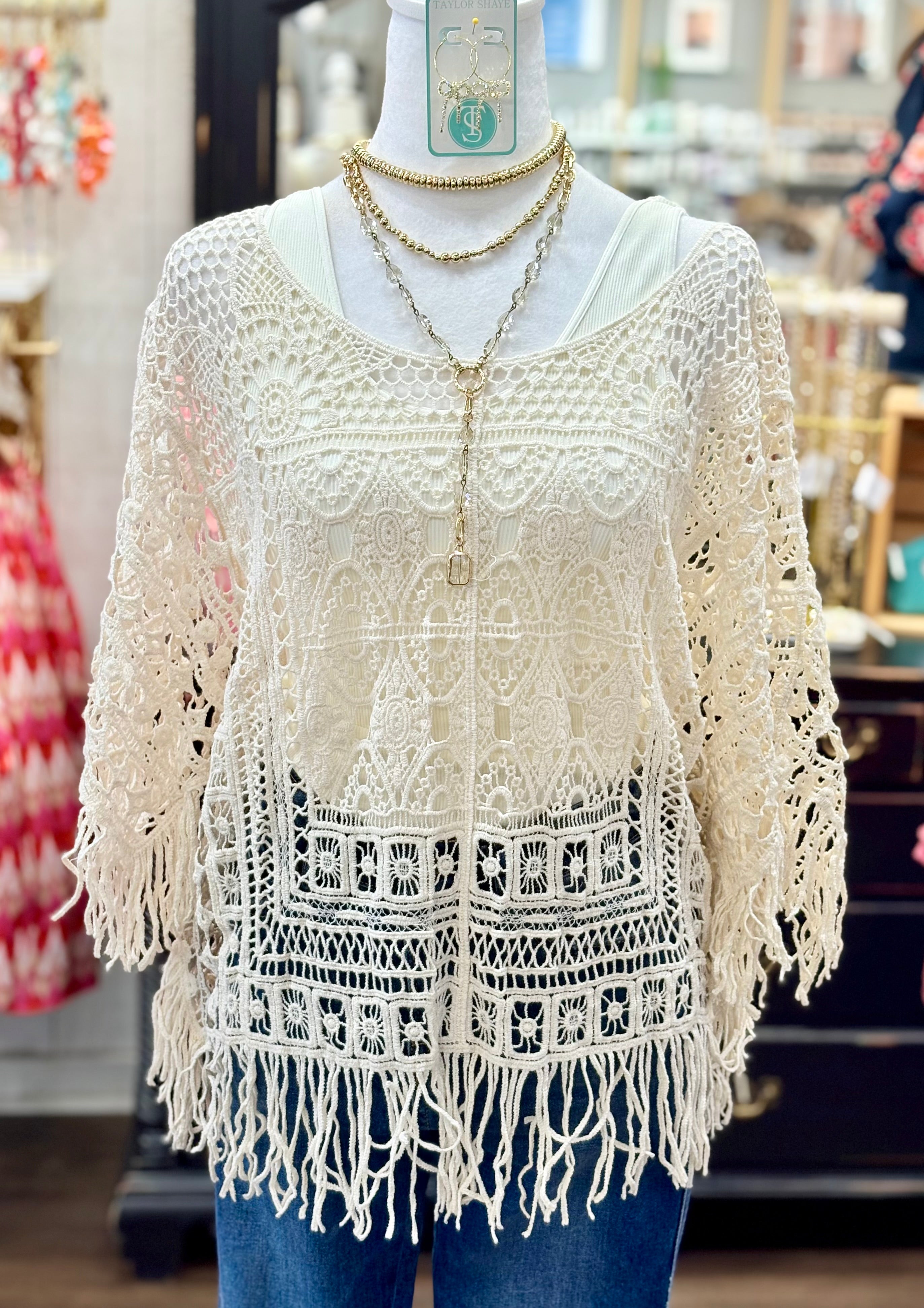 Beige Fringe Hem Crochet Top