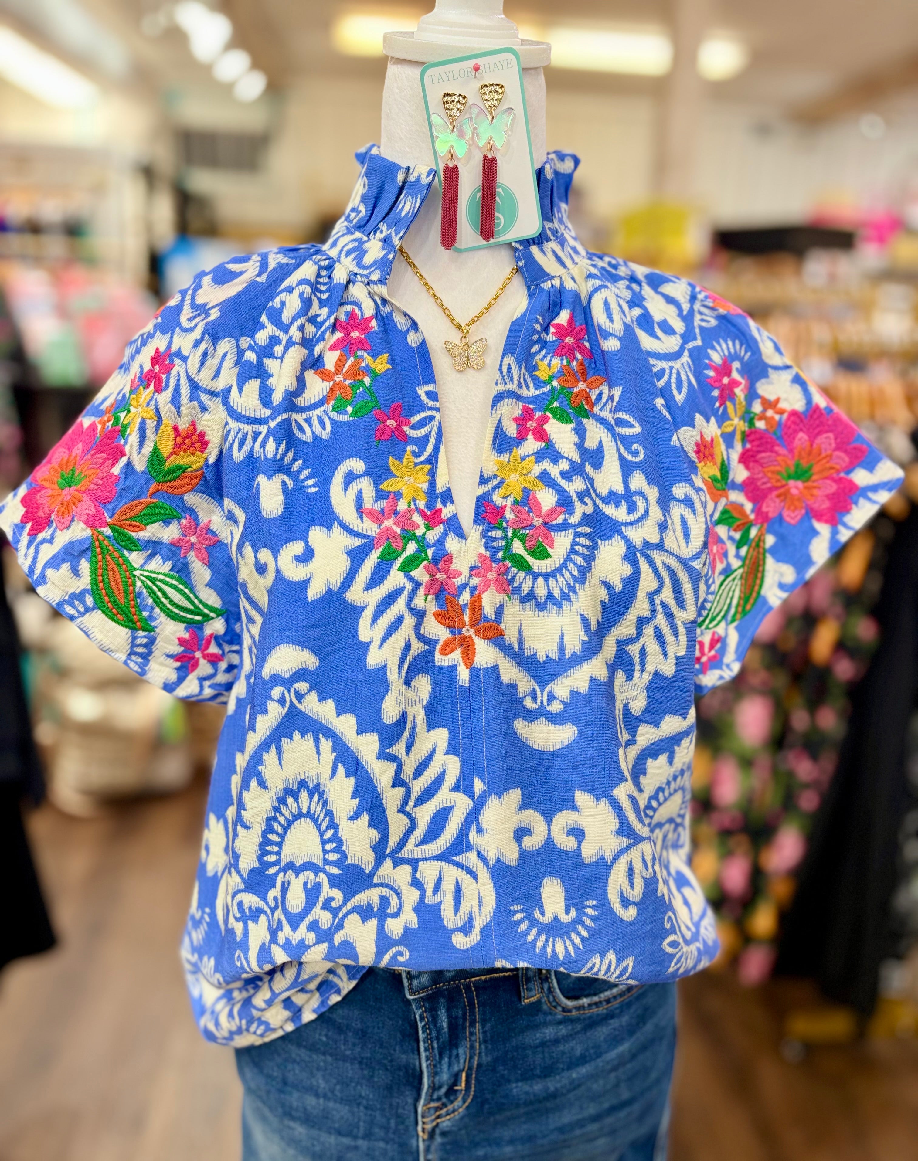 Light Blue Scroll Embroidered Top