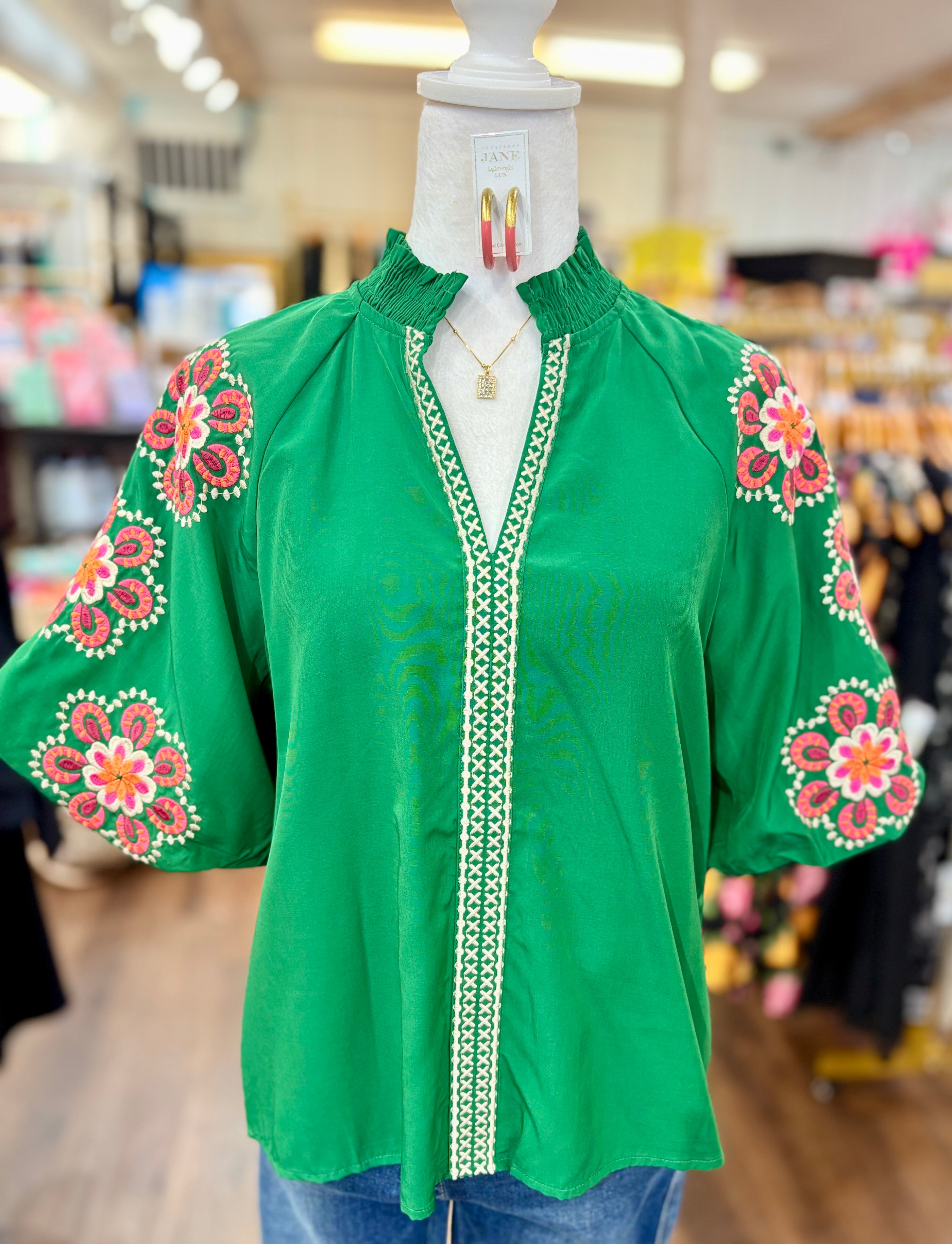 Green Embroidered Puff Sleeve Top