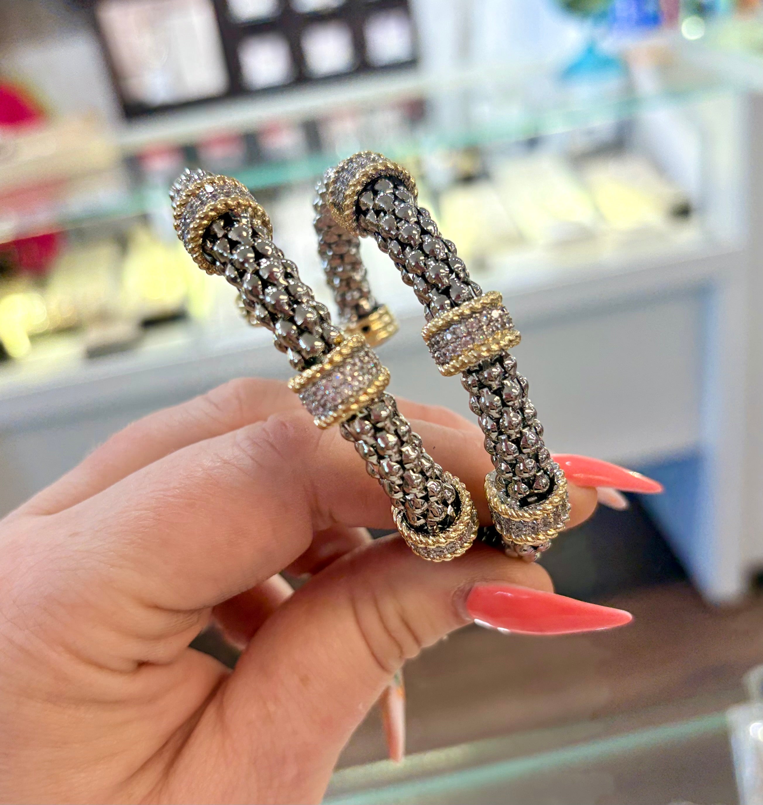 Dual Tone 3 Band Crystal Cuff Bracelet