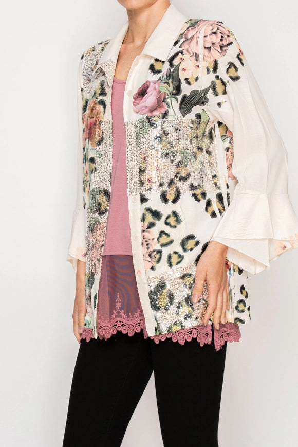 Leopard Rose Sequin and Lace Detailed Duster