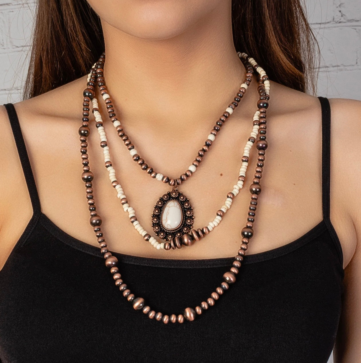 White Buffalo Pendant Multi Strand Necklace
