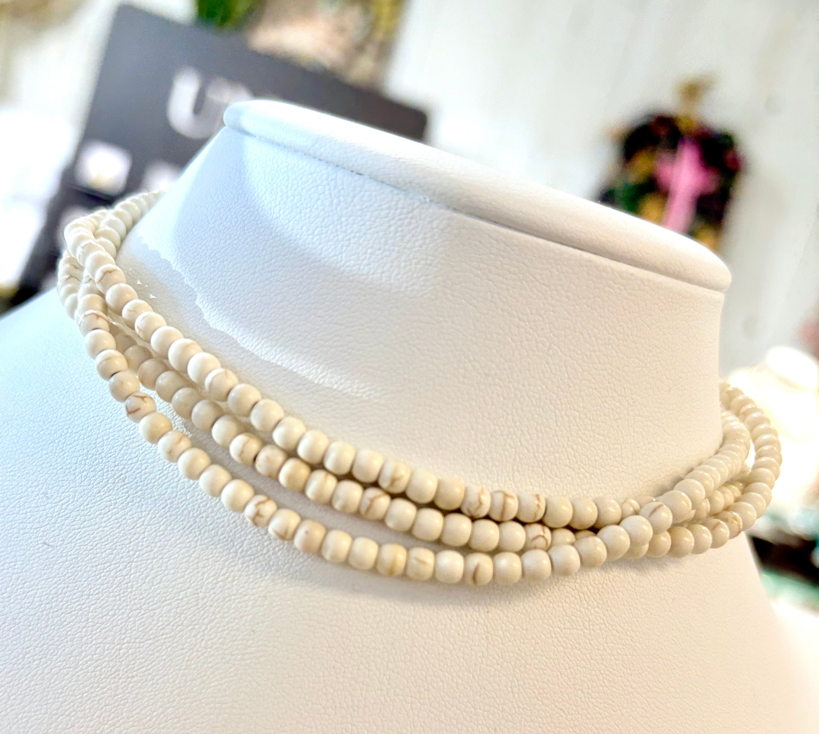 White Beaded Triple Strand Necklace