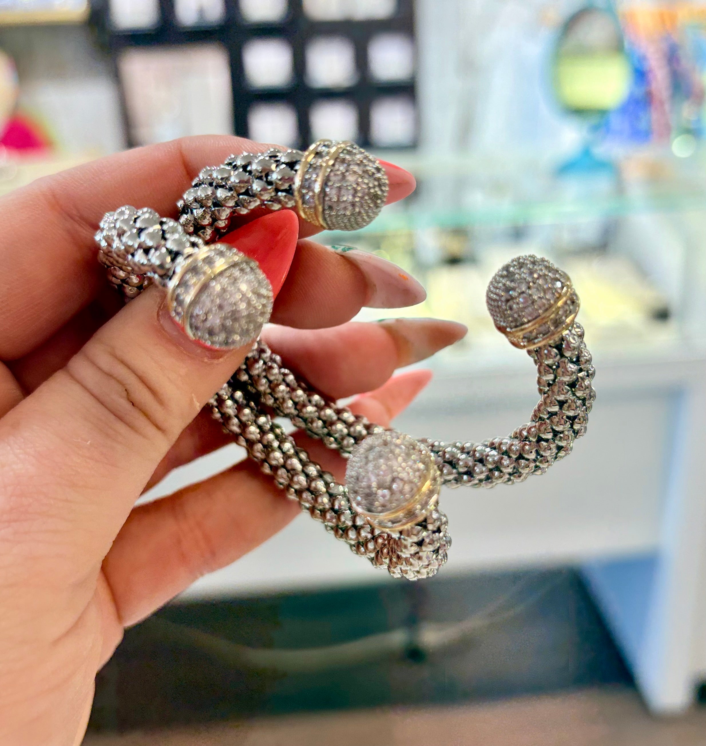 Dual Tone Crystal End Cuff Bracelet