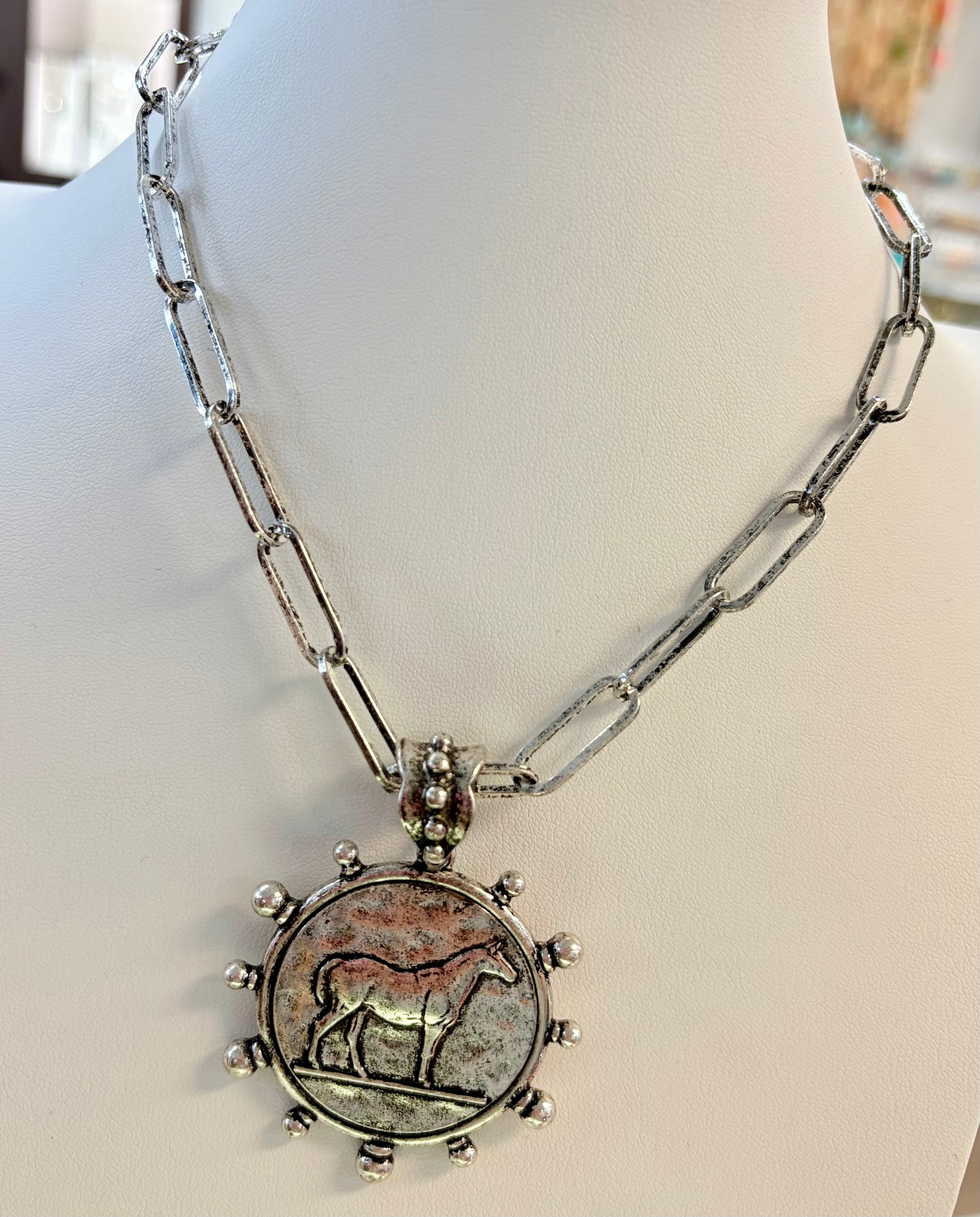 Faux Oxidized Silver Coin Necklace