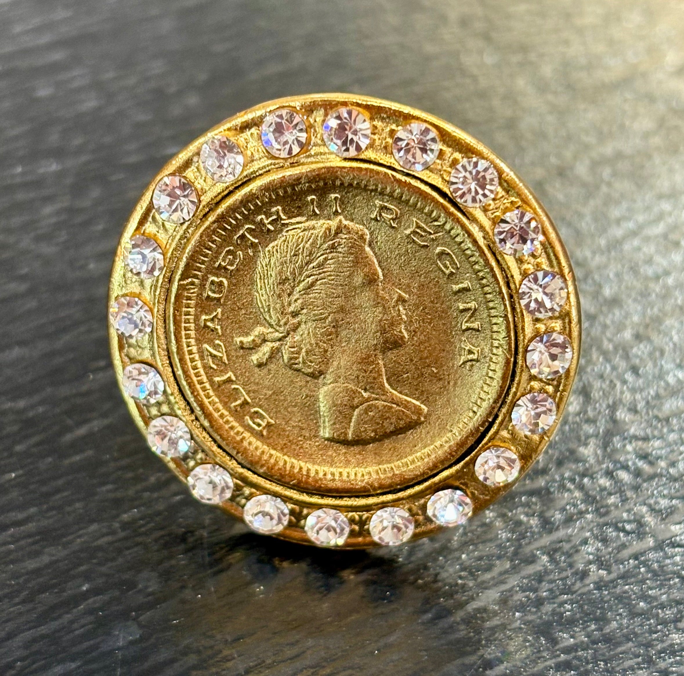 Gold Crystal Elizabeth Regina Trim Coin Ring
