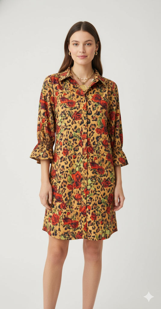 Boho Chic Leopard Rose Button Front Dress