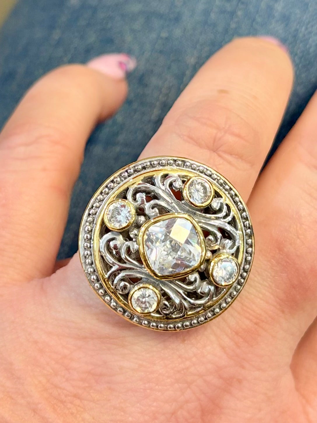 Dual Tone Round Filigree Crystal Ring