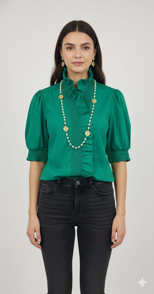 Boho Chic Green Ruffle Collar Puff Sleeve Top