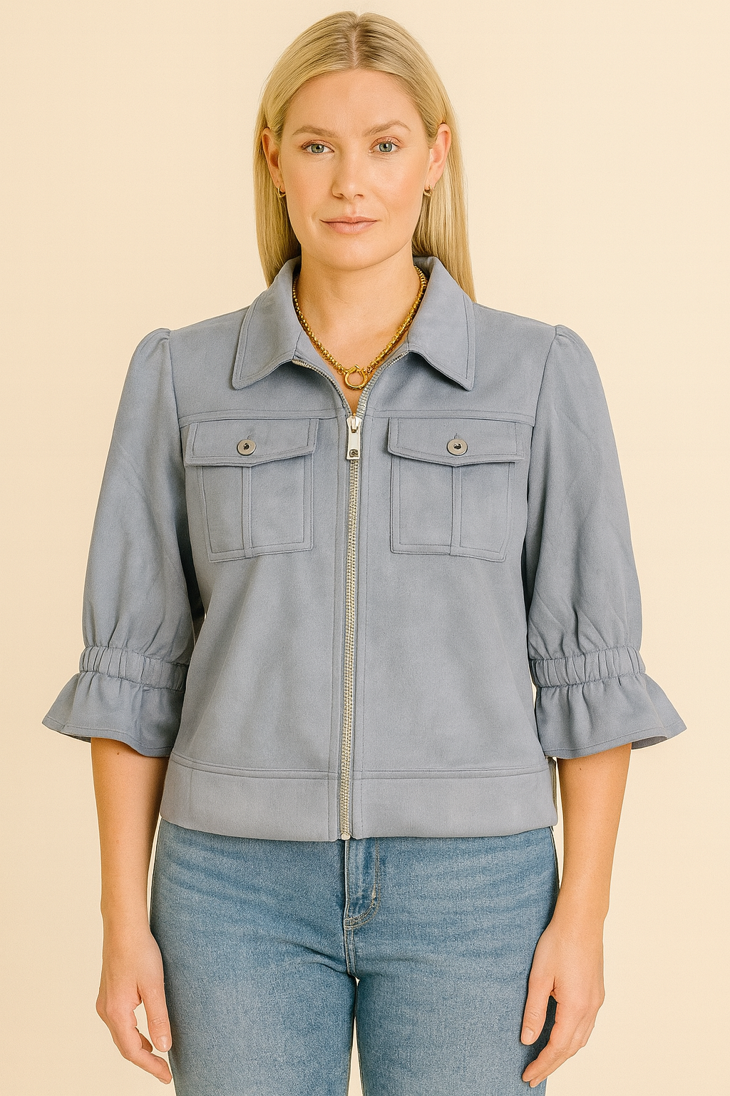 Boho Chic Blue Suede Elbow Puff Sleeve Front Zip Jacket