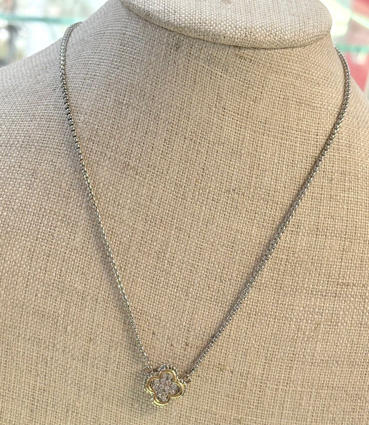 Small Dual Tone Crystal Stone Clover Necklace (1)