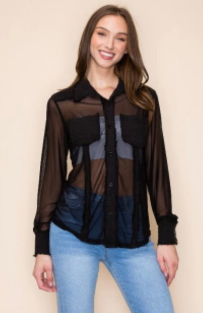 Linen Mesh Button Front Top