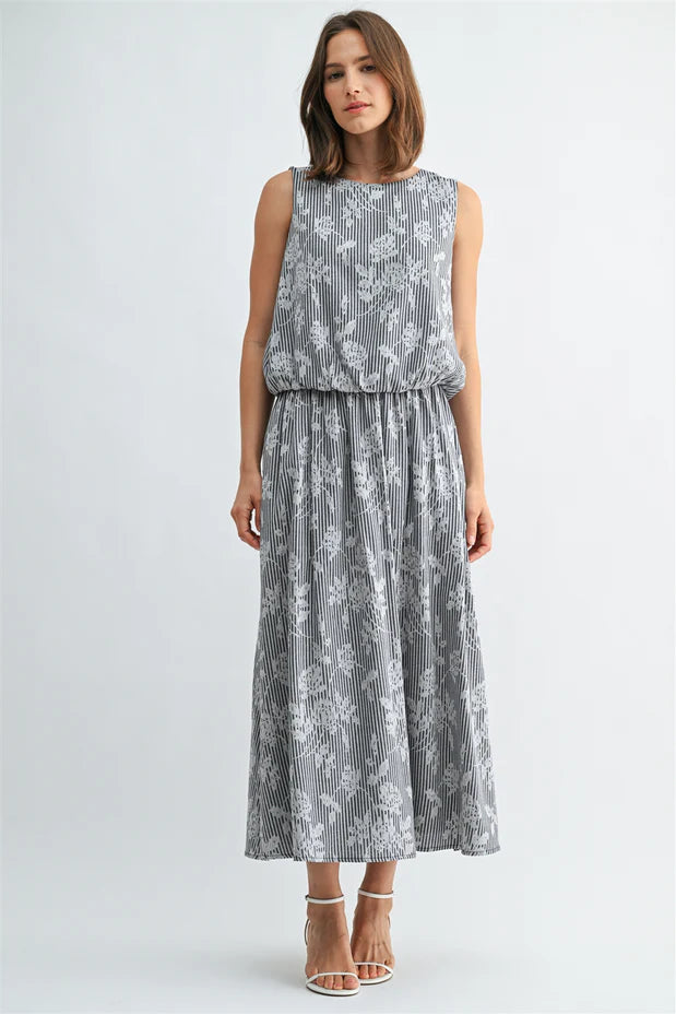 Navy Striped Floral Jacquard Skirt Set