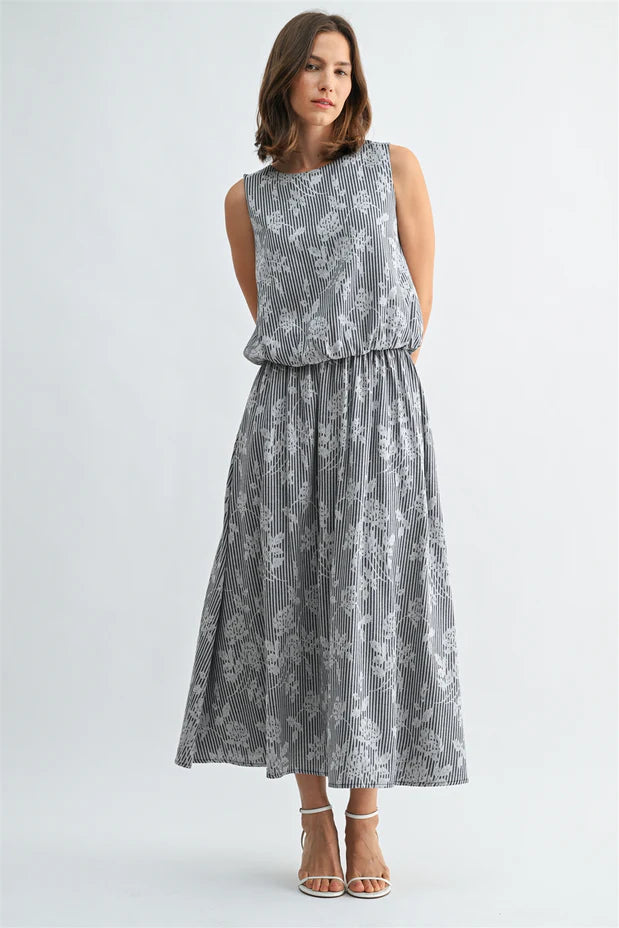 Navy Striped Floral Jacquard Skirt Set