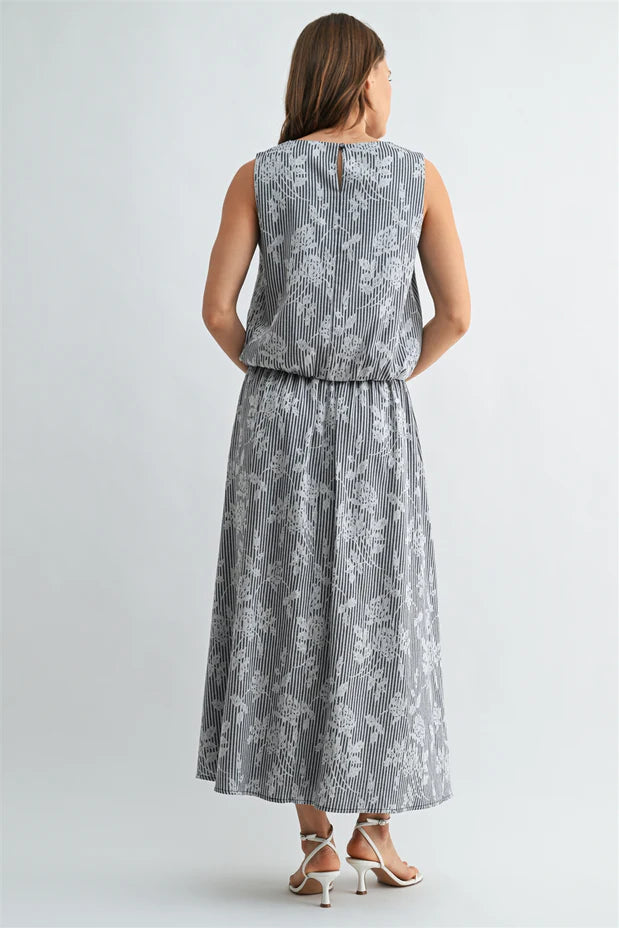 Navy Striped Floral Jacquard Skirt Set