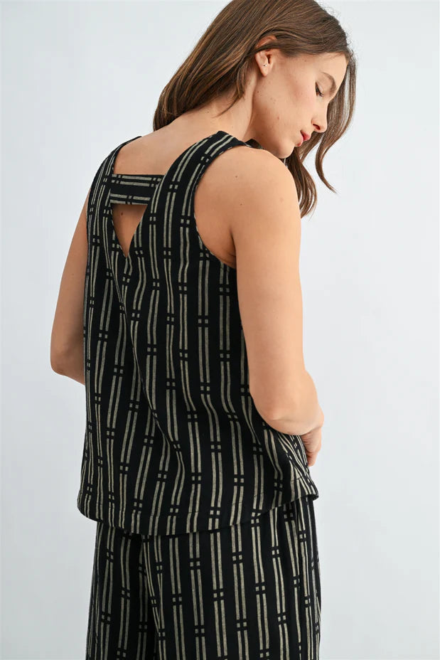 Black Stripe Back Detailed Tank Pant Set