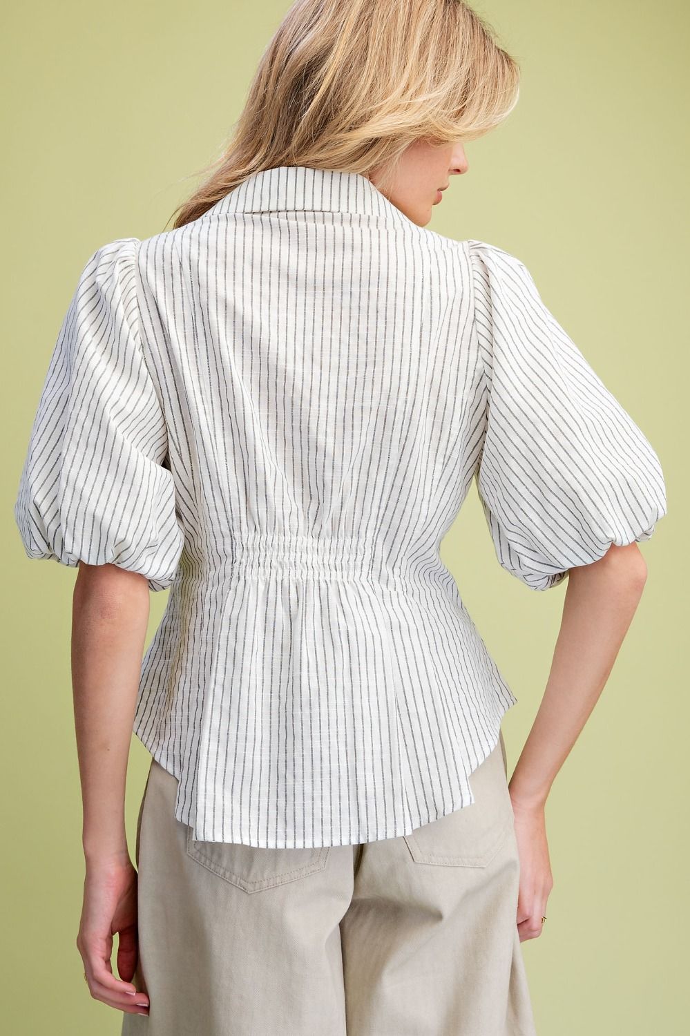 White Bubble Sleeve Striped Linen Button Down Top