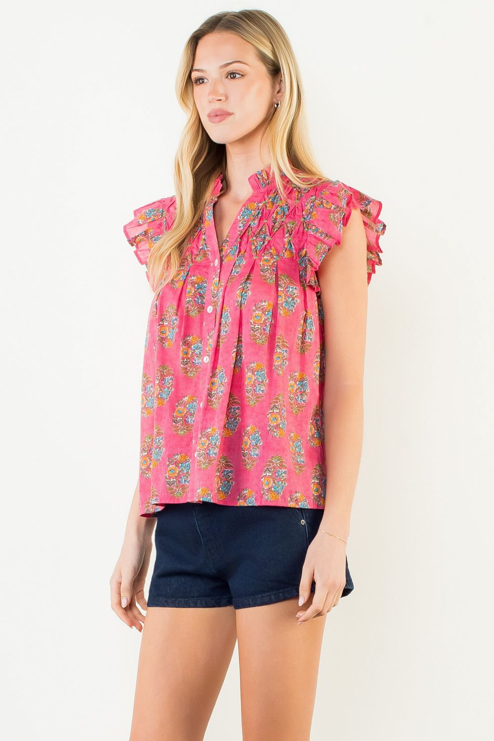 Pink Flutter Sleeve Floral Pattern Top