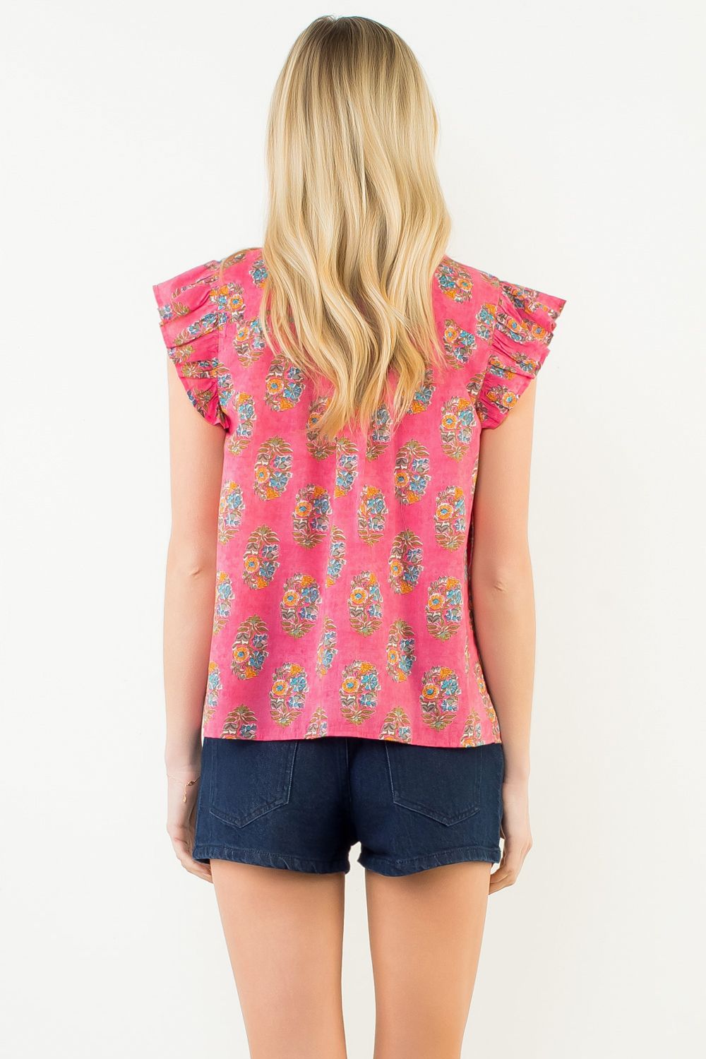 Pink Flutter Sleeve Floral Pattern Top