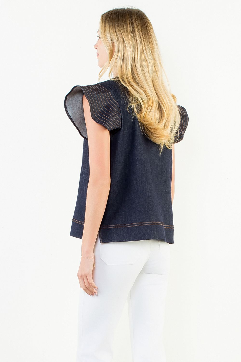 Midnight denim flutter sleeve top with contrast stitching — view 3
