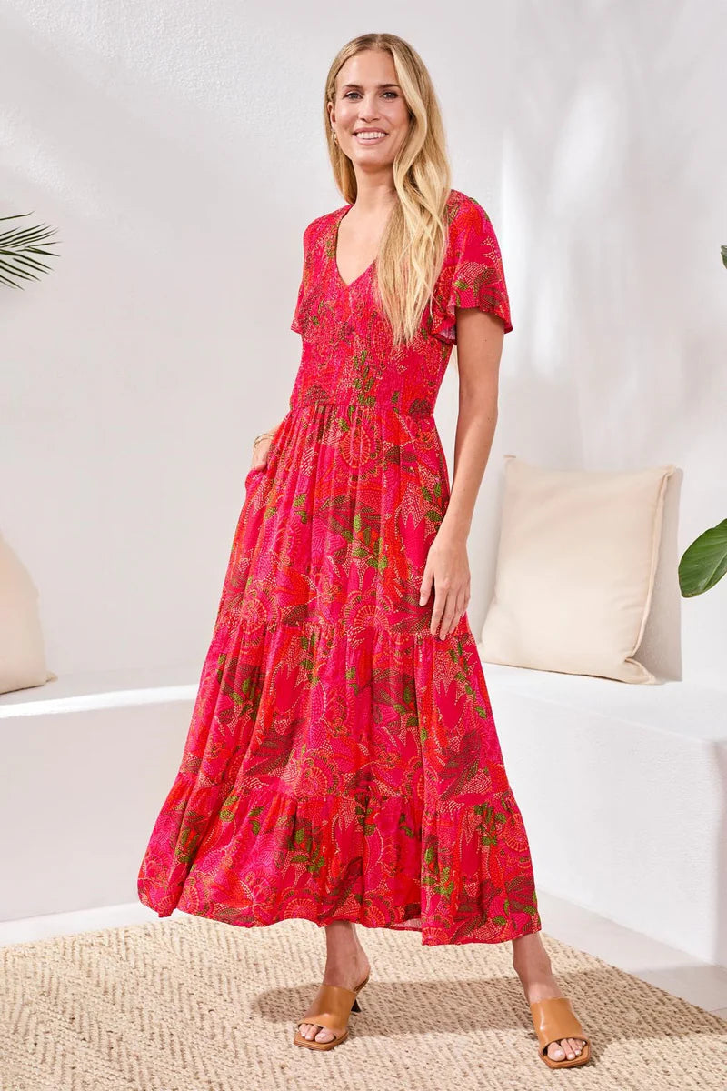 Tribal Sangria Ruched Top Maxi Dress