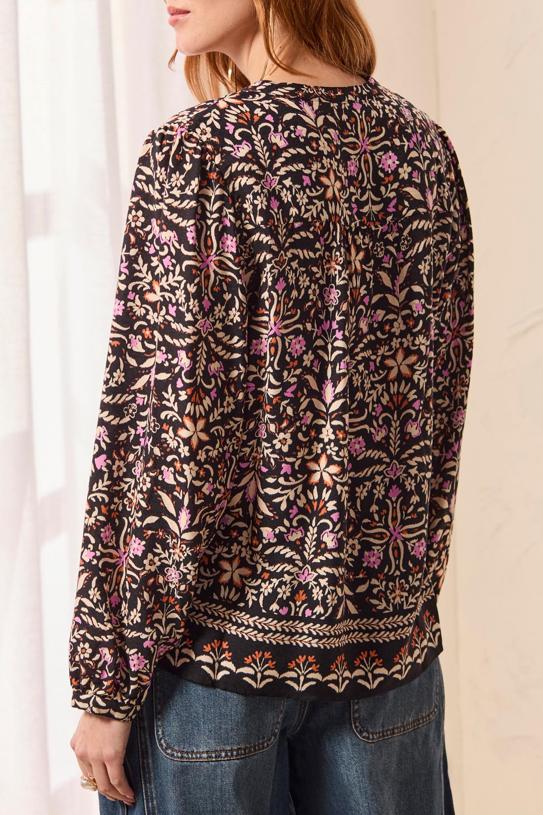 Tribal Black Floral Long Sleeve Blouse with Front Placket Detail
