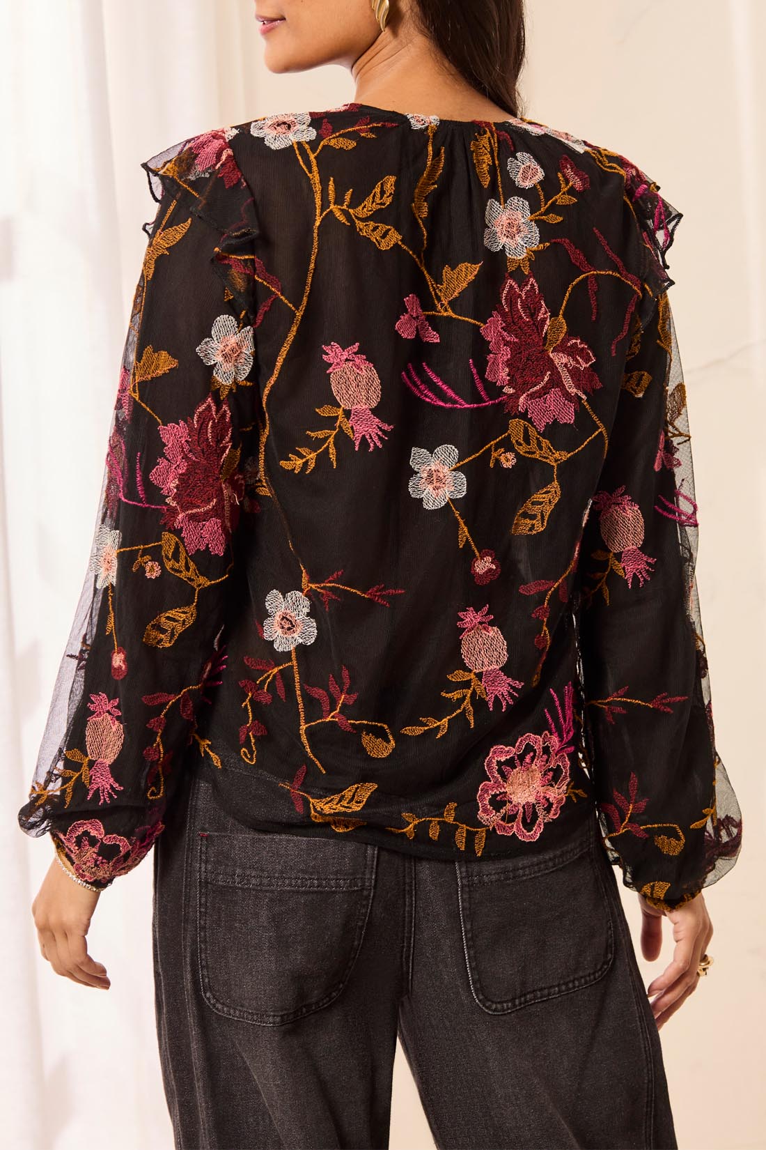 Tribal Black Floral Lined Frill Blouse