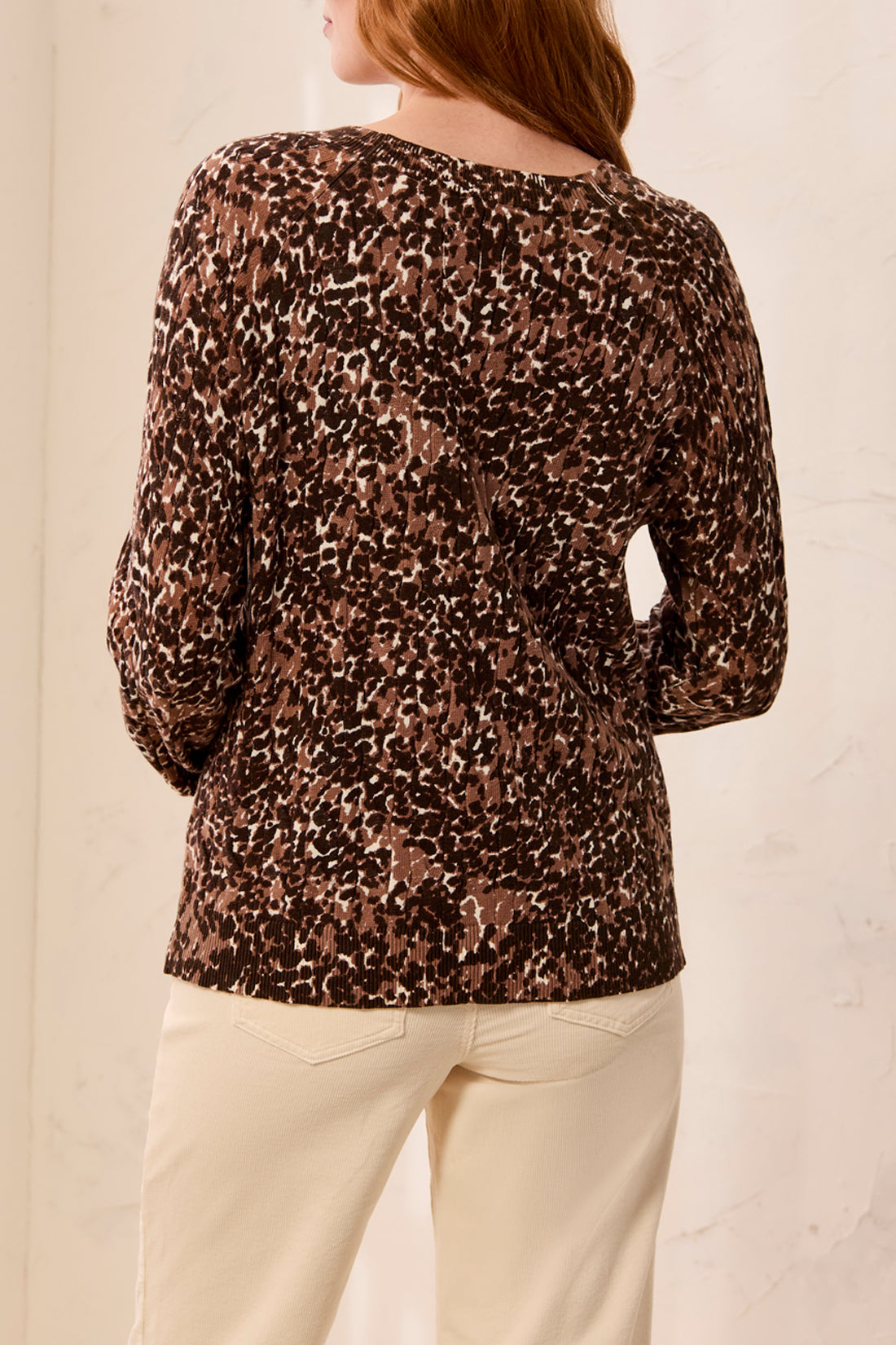 Tribal printed cable cotton crew neck sweater in warm hickory — view 2
