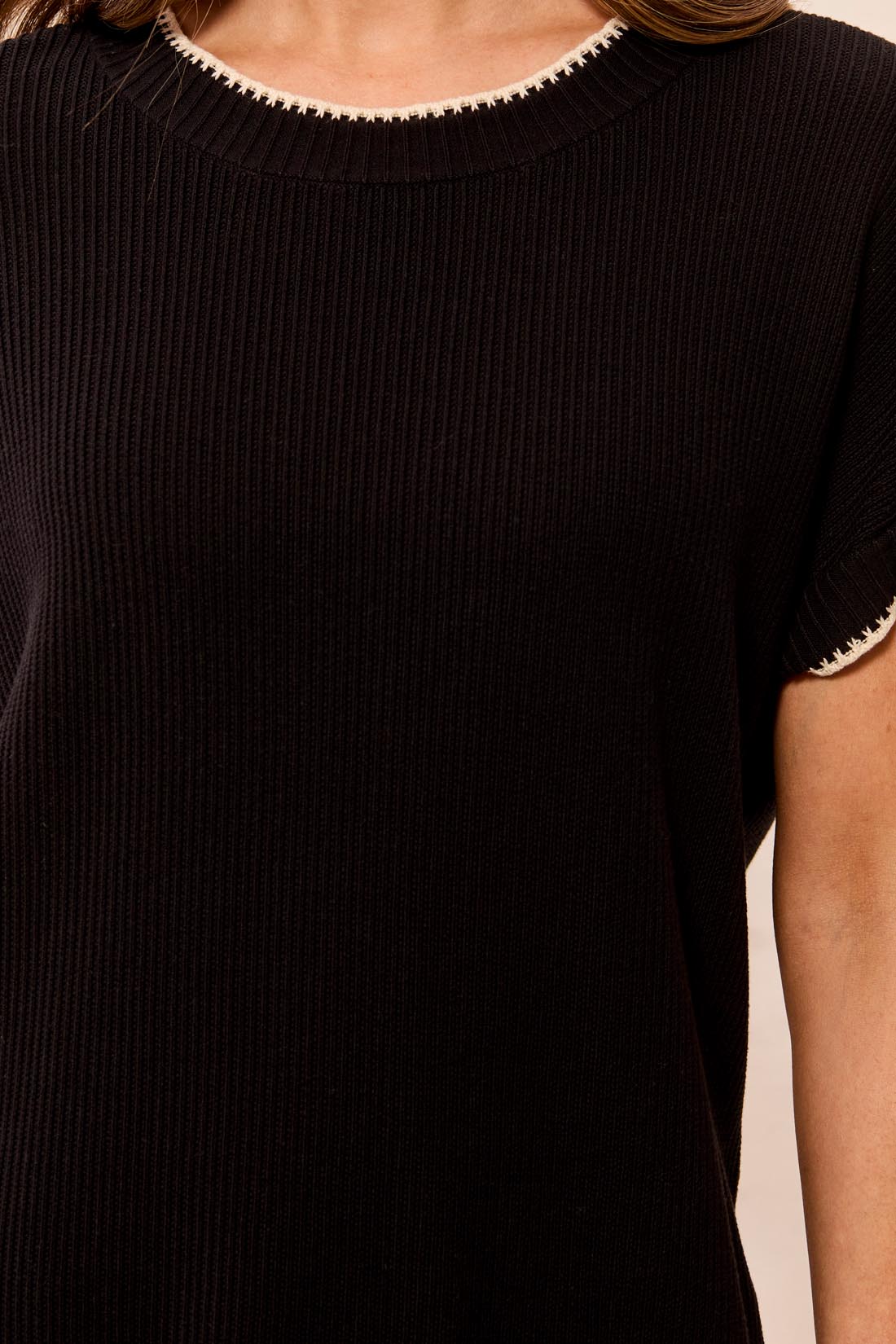 Tribal cap sleeve crew neck sweater with geometric pattern and contrast tipping