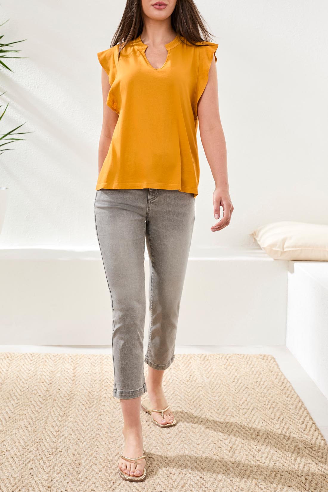 Tribal Mixed Media Ruffle Sleeve V-Neck Top - Daffodil