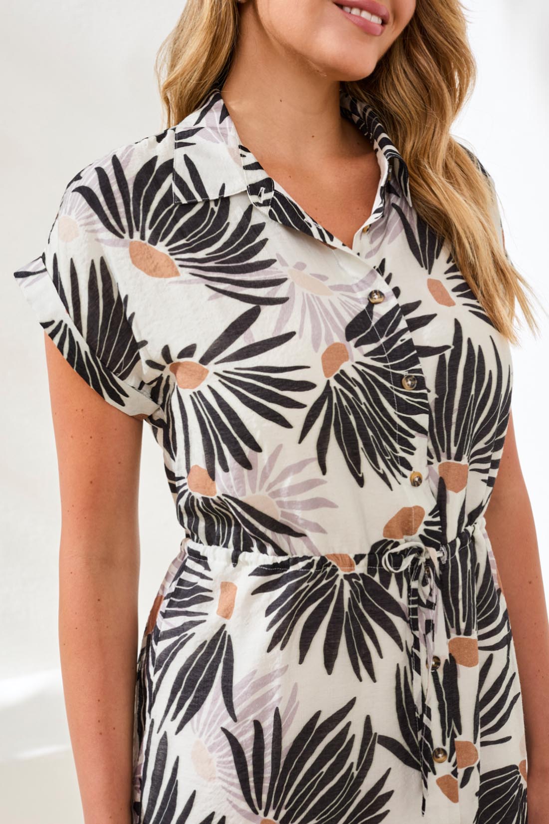 Black & White Flower Lined Shirt Dress with Drawcord