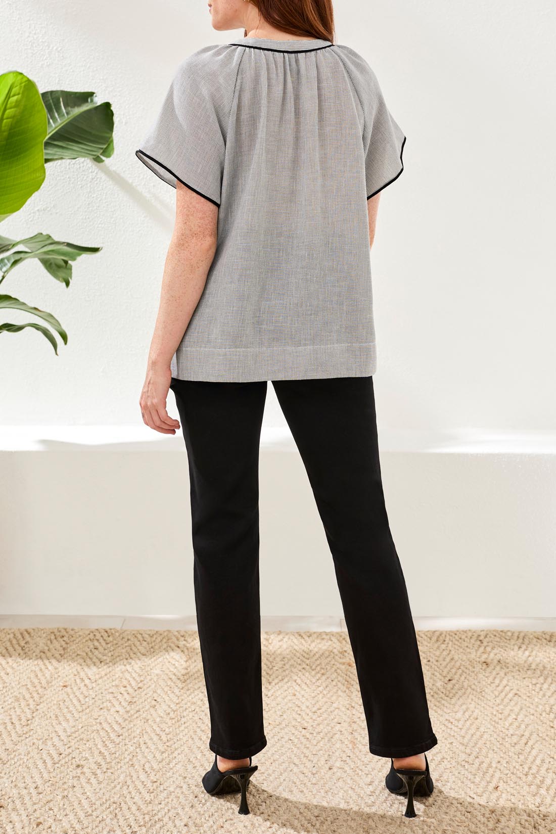 Tribal Black Stripe SS Blouse with Tape Detail